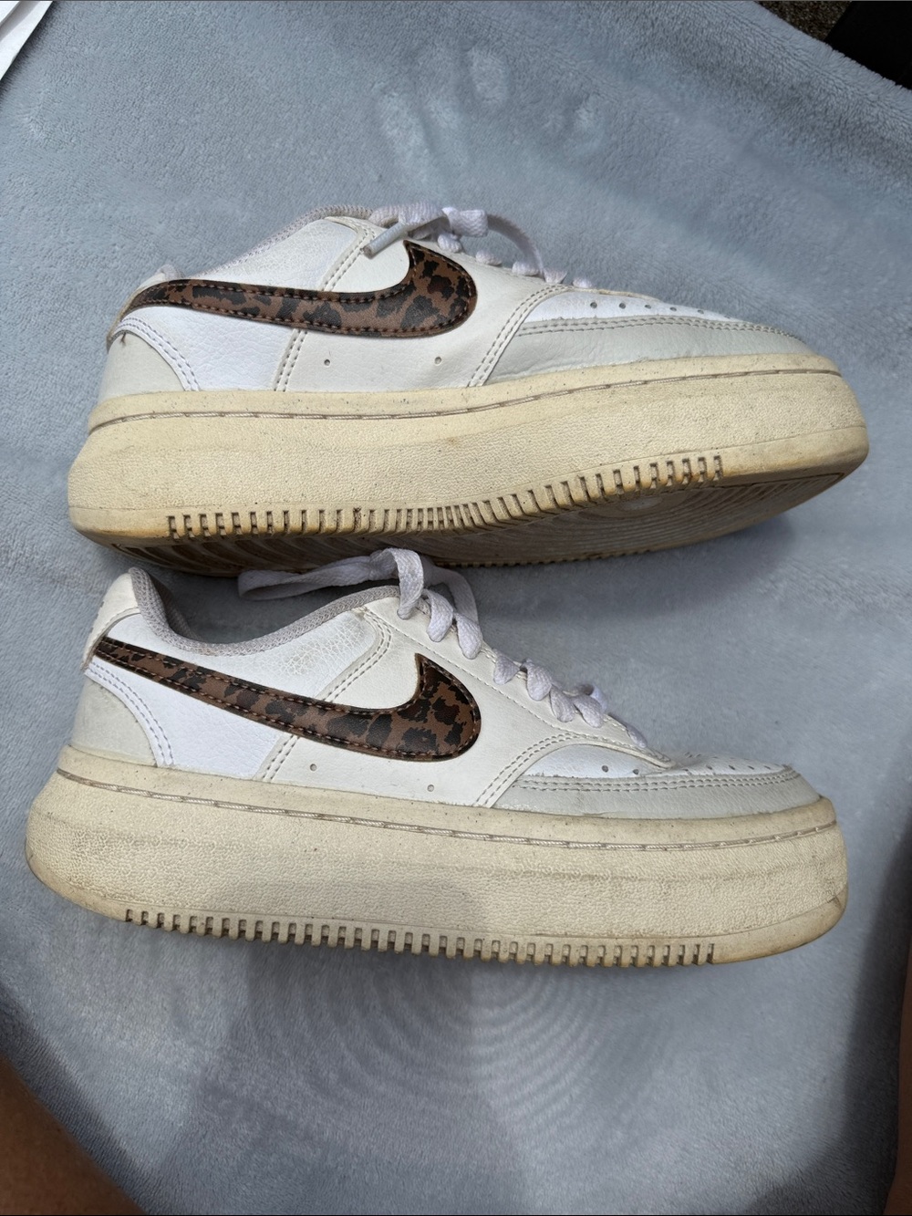 Nike White Sneakers with Brown Leopard Swoosh